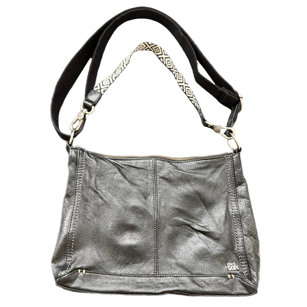 The Sak Black Vegan‎ Leather Shoulder Bag with Patterned Strap